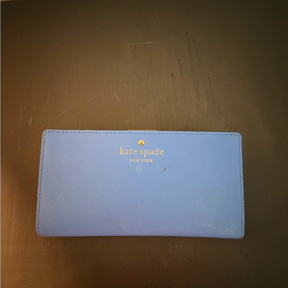 kate spade light blue Saffiano Leather Long Wallet with Gold Logo